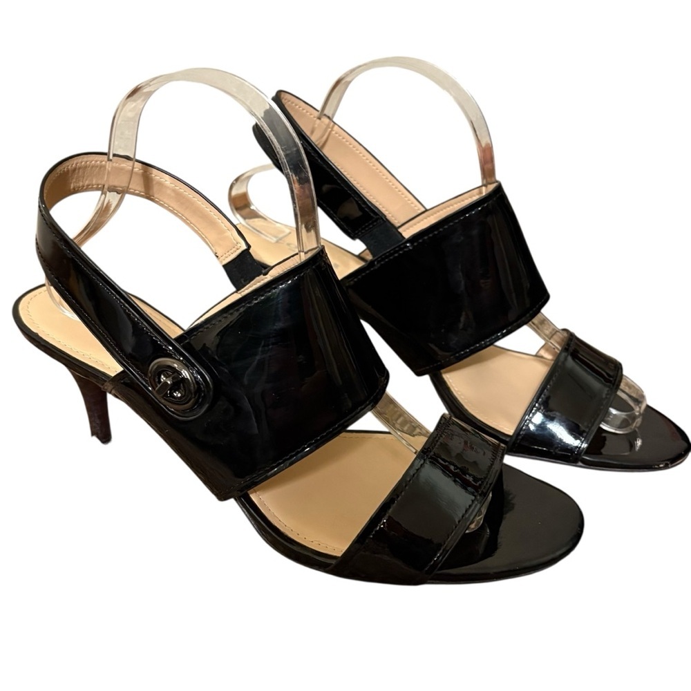 Coach black patent leather stacked heel sandals size 10